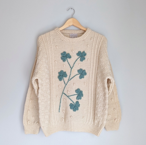 🇮🇪 Vintage Cooleen Shamrock Wool Aran Sweater Made In Ireland St Patrick's Day - Picture 2 of 15